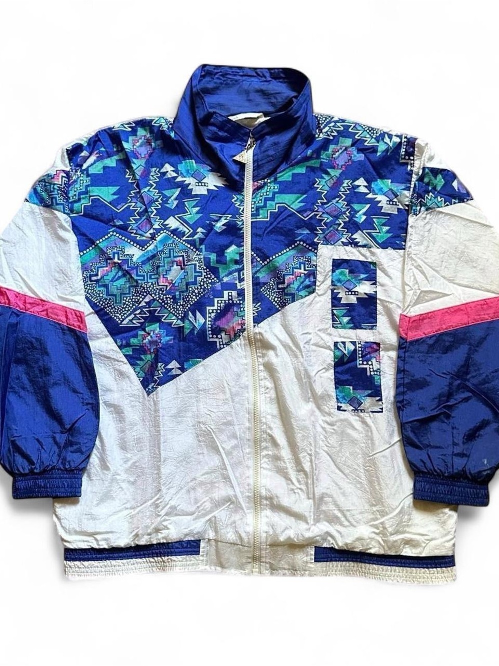 Vintage 1990s Retro Colorblock Windbreaker Jacket - Blue & White L